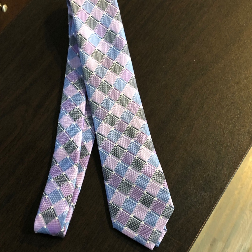 Pronto Uomo Lavender Platinum and Light Blue Checkered Tie, NEW NO BOX
